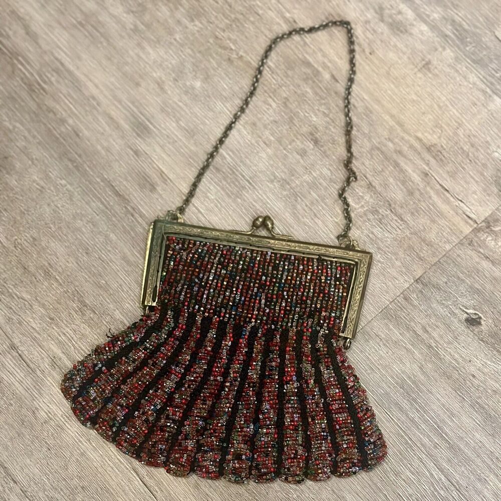 Vintage Handknit Multicolored Bead Snap Clutch With Silk Lining FAIR CONDITION